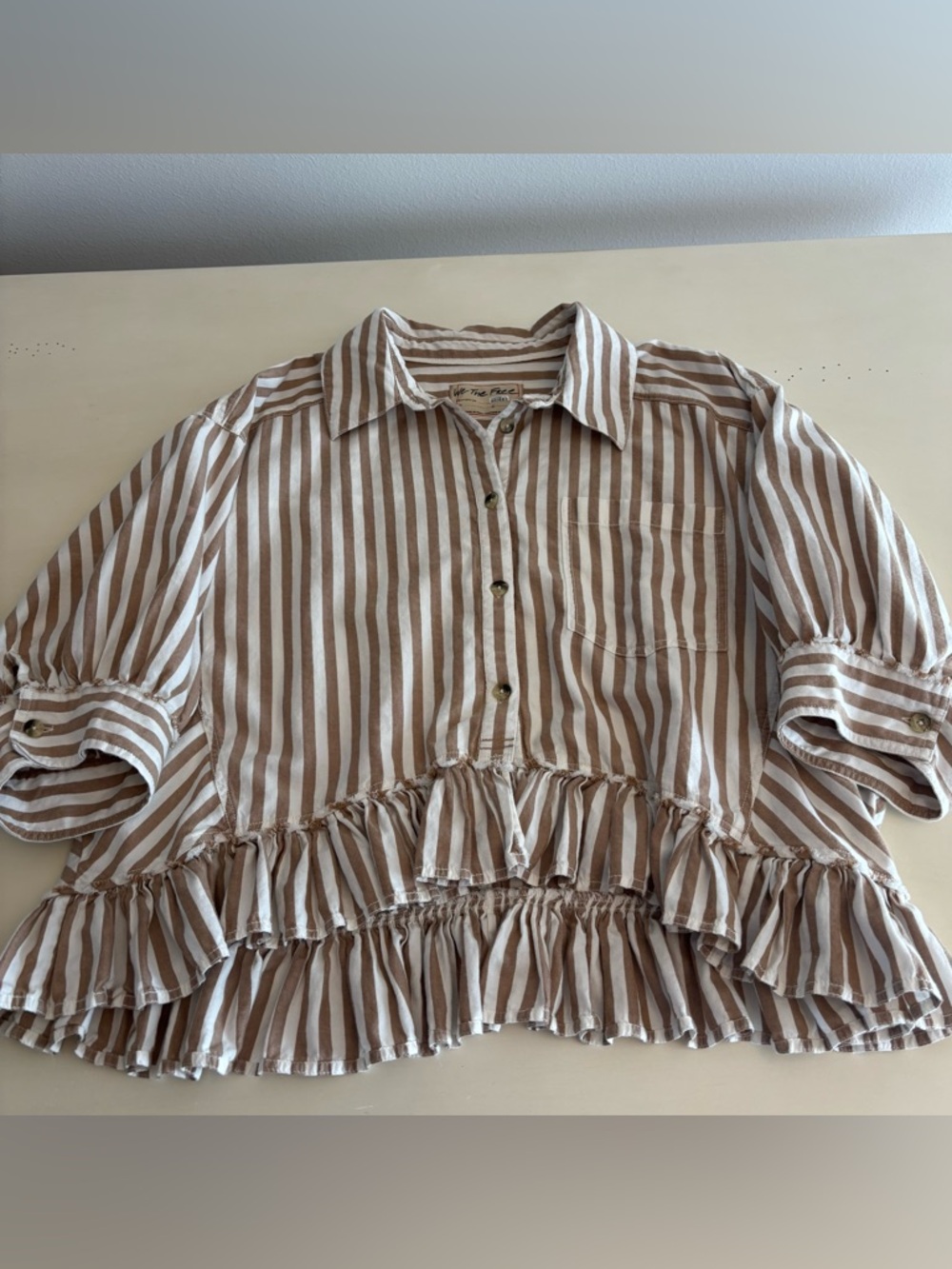 We The Free Beige and White Striped Ruffle Hem Button Down Shirt - Picture 4 of 12